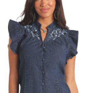 Haut en jean à manches flottantes brodées