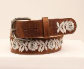 Ceinture brune avec broderie florale blanche