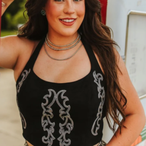 Haut dos nu corset à bretelles brodées Black Boot Stitch