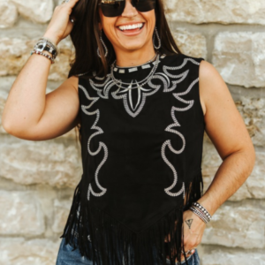 Débardeur en daim noir à franges avec broderie