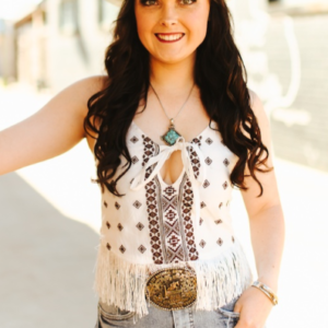 Haut à franges ivoire aztèque avec bretelles spaghetti et noué à l'avant