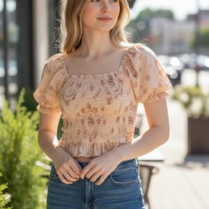 Haut western à smocks avec volants et motif cheval crème